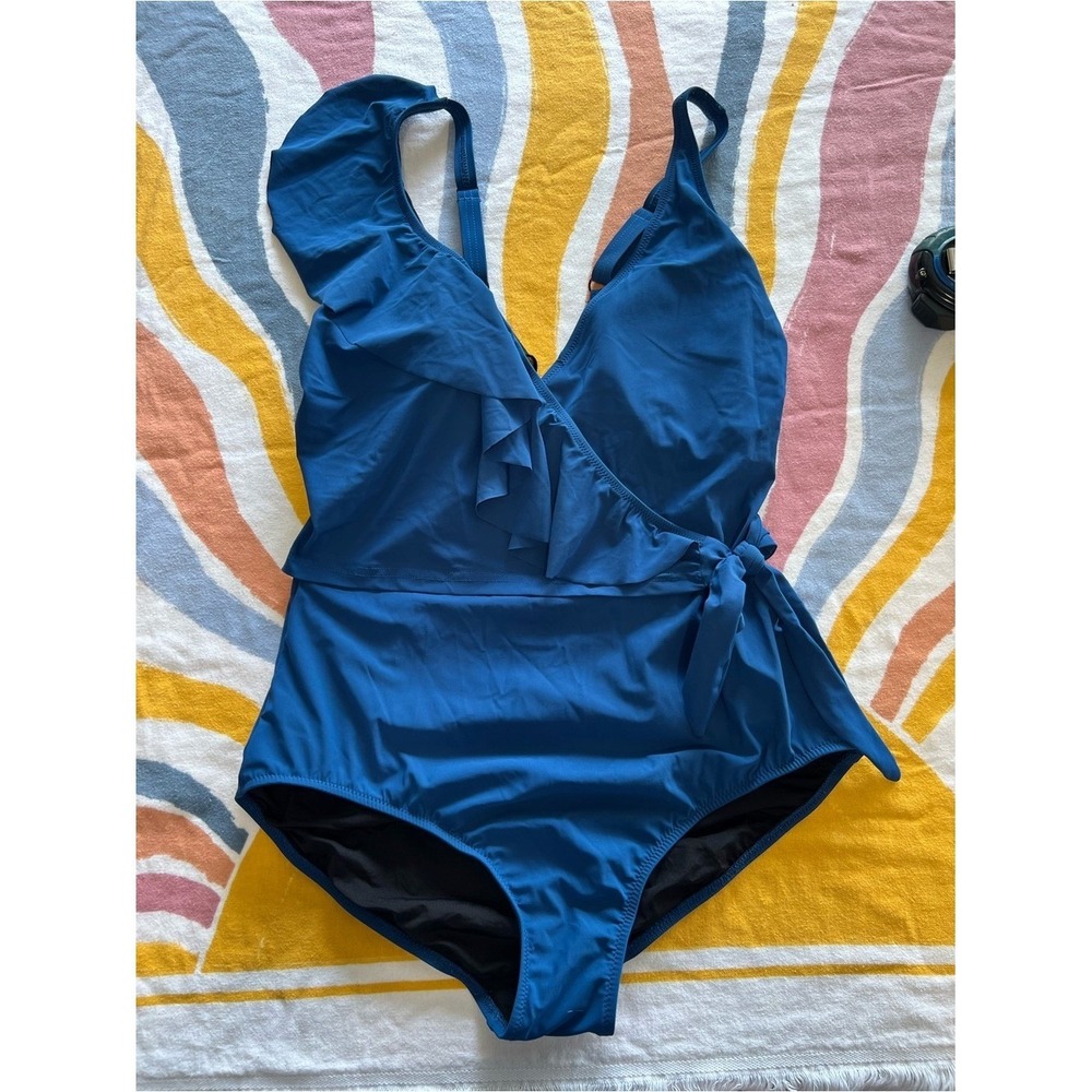 Profile By Gottex Royal Blue Ruffle Wrap One-Piece Swimsuit 14W T232132